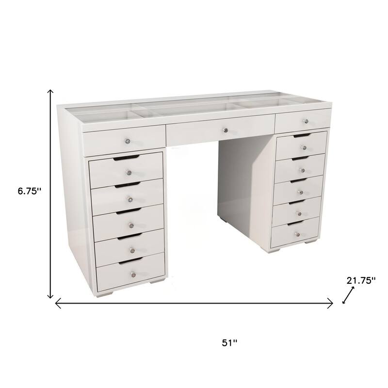 HomeRoots 51" White Glass and Wood Vanity Table With Thirteen Drawers