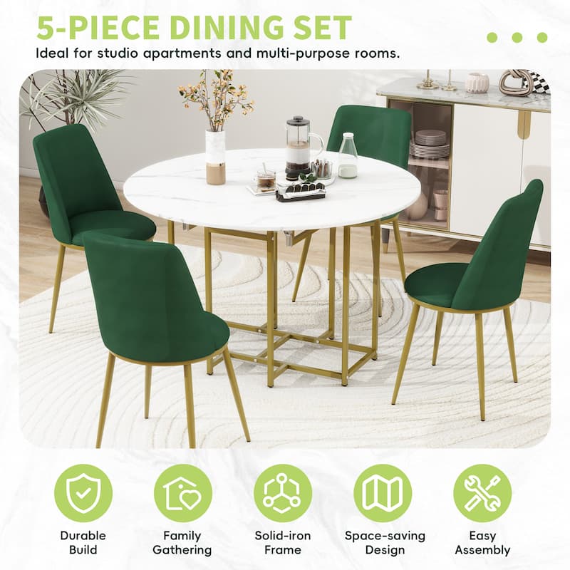 5-Piece Extendable Kitchen Dining Table Set, Round Faux Marble Top with Golden Frame and 4 Upholstered Chairs