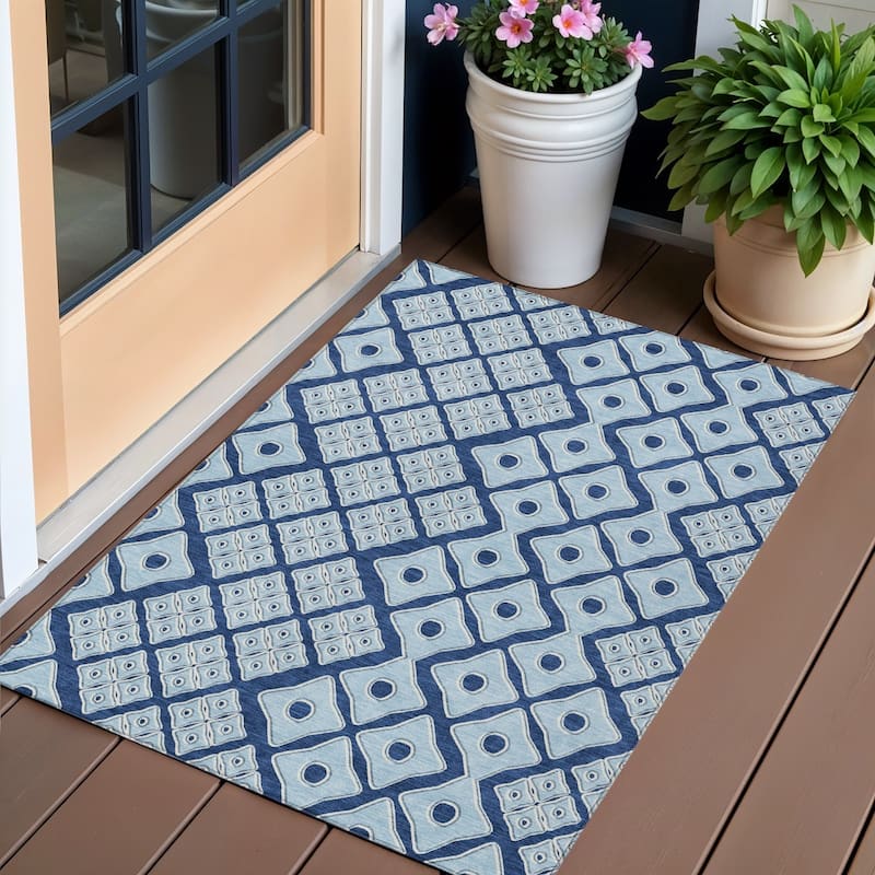 Navy Blue And Light Blue Geometric Washable Indoor Outdoor Area Rug - 3' x 5' - 3' x 5' - Blue