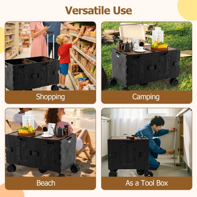 PP TPR MDF Metal Large Folding Utility Cart with Tabletop - 34" x 20" x 22"