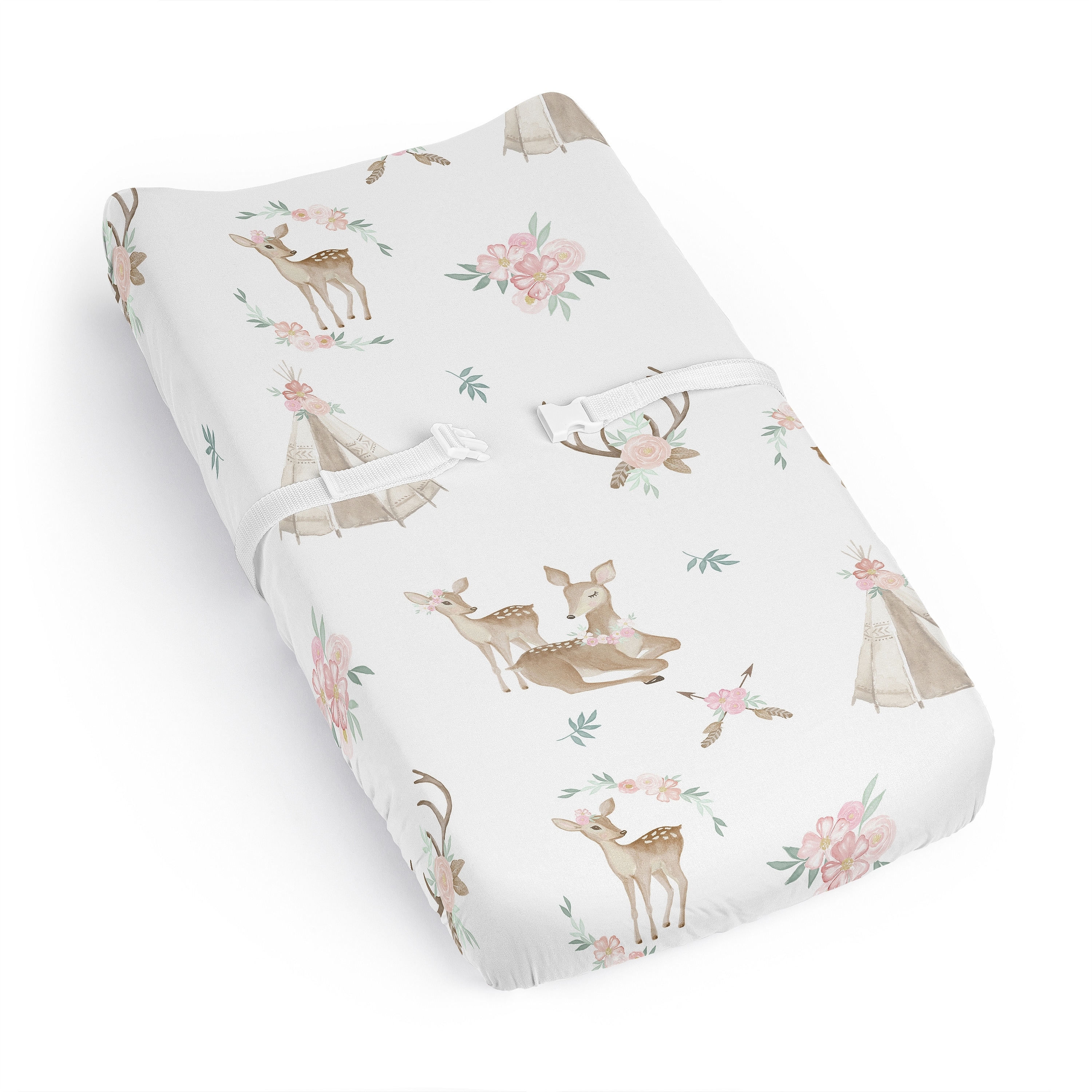 Sweet Jojo Designs Woodland Deer Floral Girl Changing Pad Cover Sheet - Pink & Green, Boho, Watercolor, Bohemian, Forest Animal