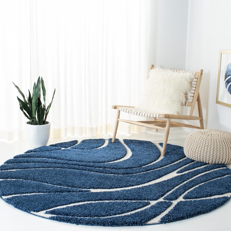 SAFAVIEH Florida Shag Sigtraud Abstract Waves 1.2-inch Area Rug - 6'7" x 6'7" Round - Navy/Ivory