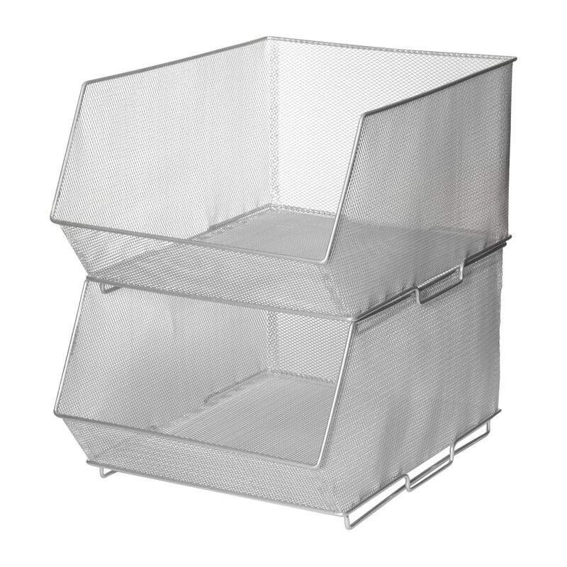 Mesh Stacking Bin Silver Storage Containers Pantry Organizers Great - 15x11x8-2 pack