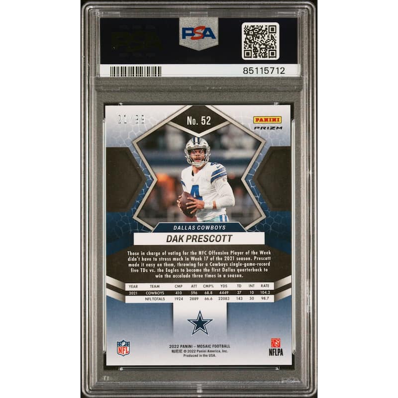 Dak Prescott 2022 Panini Mosaic Blue Football Card #52 Graded PSA 10 21/99 - 8'6" x 11'6"