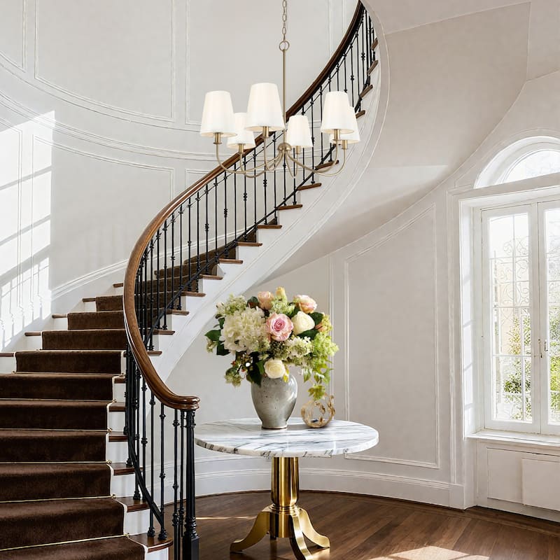 Mid-Century Modern Gold 6-Light Wheel Chandelier with Fabric Shade for Dining Room - 27" D x 24.5" H