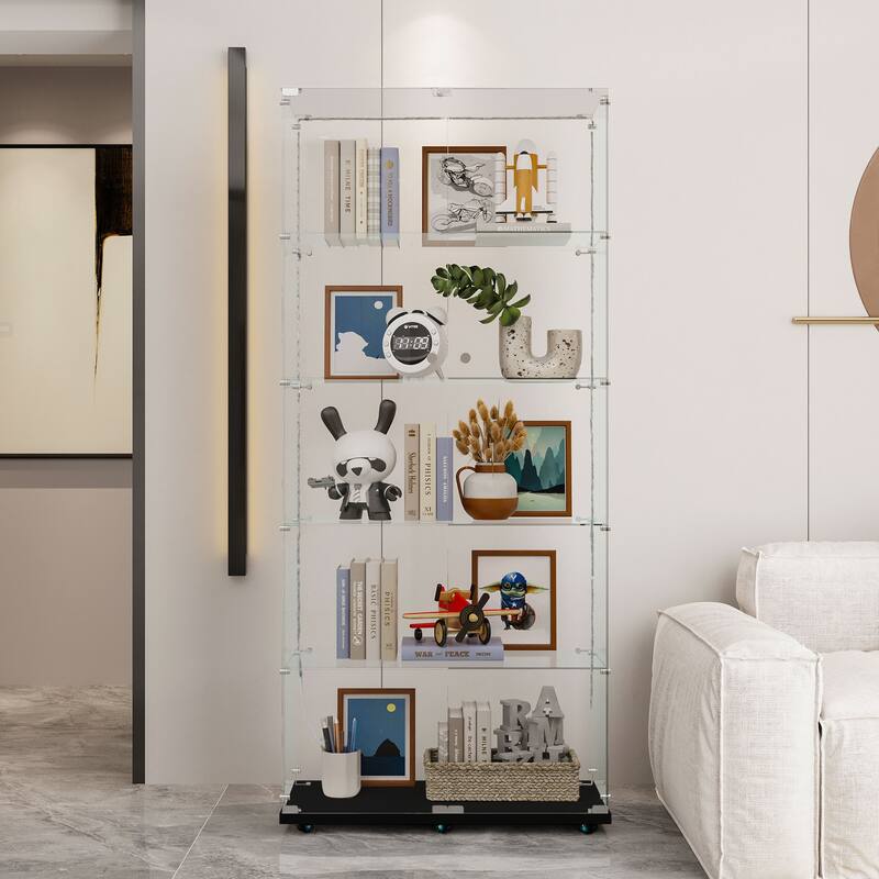 Tempered Glass Display Cabinet,Wine Cabinet,Storage Cabinet with Bluetooth LED Light Strips, Lock on Door, Tempered Glass Top