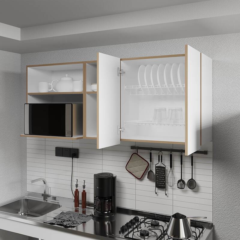 Wall-Mounted Kitchen Cabinet with Microwave Space, Open Shelves, and Double Doors - Natural Oak and White