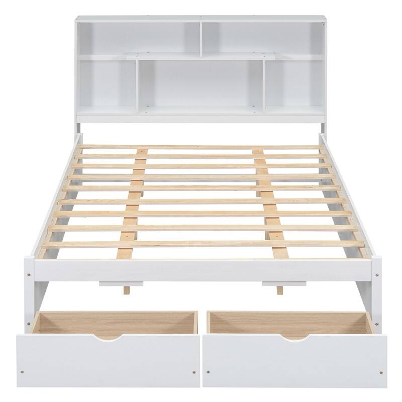 Queen Size Platform Bed with Storage Headboard and 2 Drawers