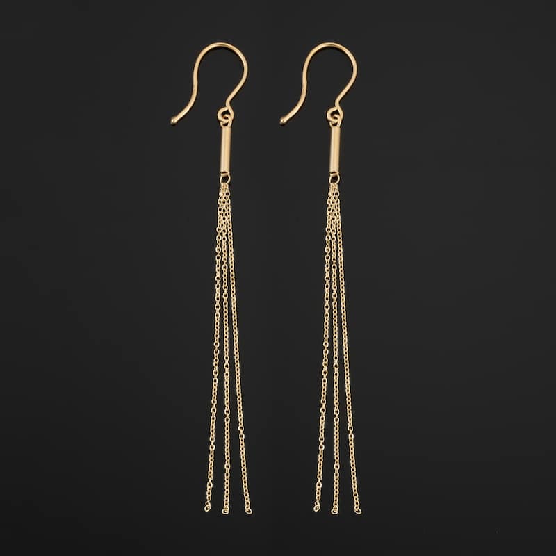 10k Yellow Gold Tube Chain Tassel Dangle Earrings