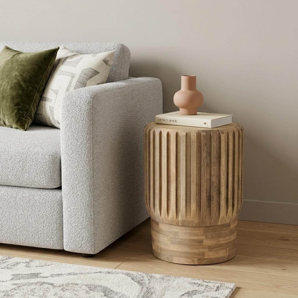HomeRoots 20" Natural Solid Wood Round Drum End Table - 16.00 in. x 20.00 in. x 16.00 in.
