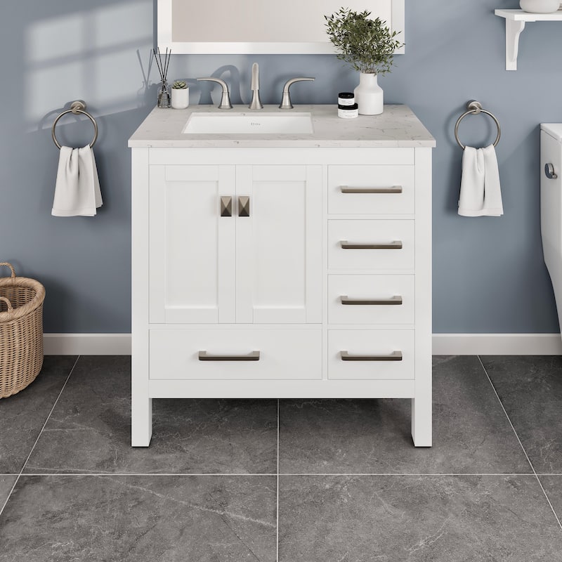 Eviva Aberdeen 36"W x 22"D Bath Vanity with White Carrara Quartz Top