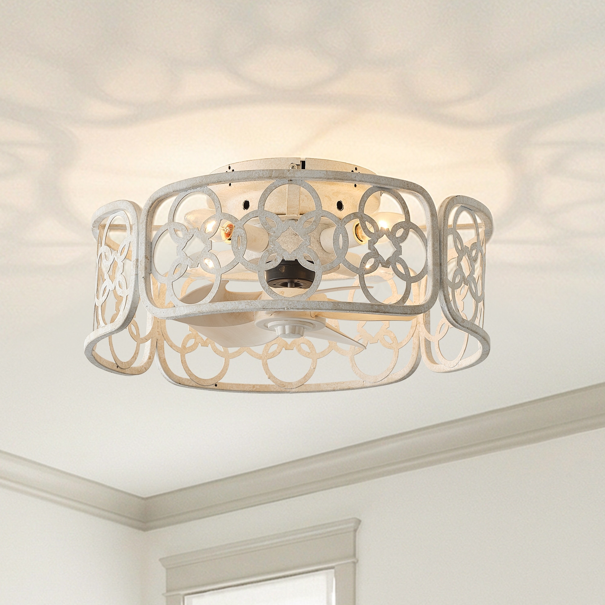 18" Modern Distressed White Reversible Metal Caged Flush Mount Ceiling Fan with Light and Remote - 18" W x 18" D x 7.87" H