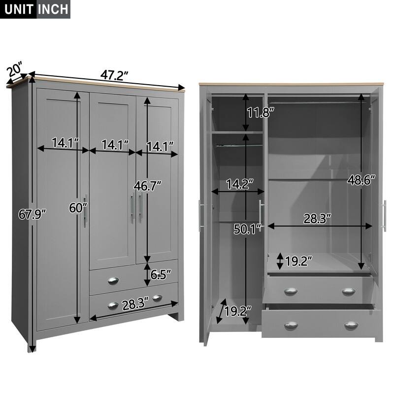 3-Door Storage Wardrobe with Cabinets, Wardrobe Armoire Closet w/ 2 Drawers & 2 Hanging Rods, Clothes Storage Cabinet Organizer