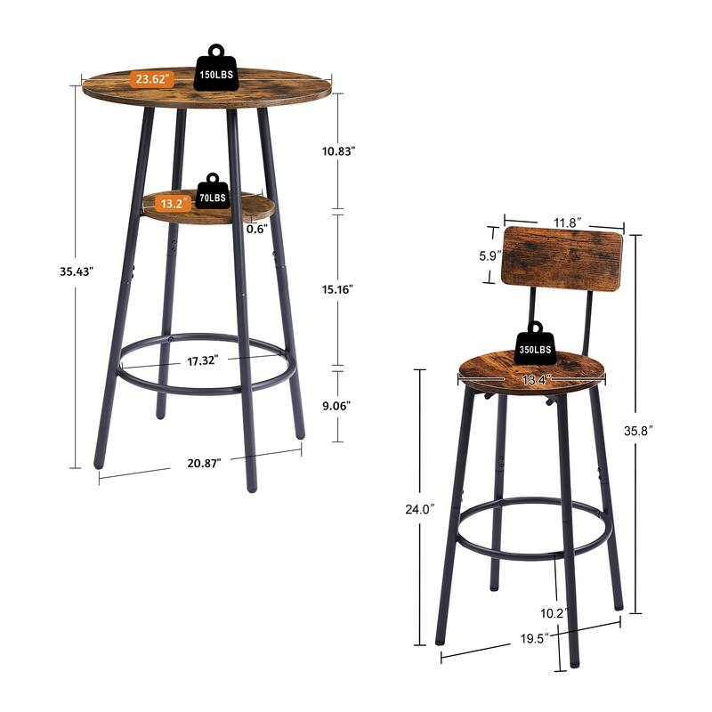 3-Piece Metal Frame Bar Dining Table Set with 2 Stools & Round Table