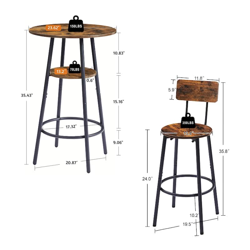 3 Pieces Round Bar Height Table and Chairs Set, Round Dining Table Set for Small Space, 2 Tier Kitchen Table and Bar Stools Set
