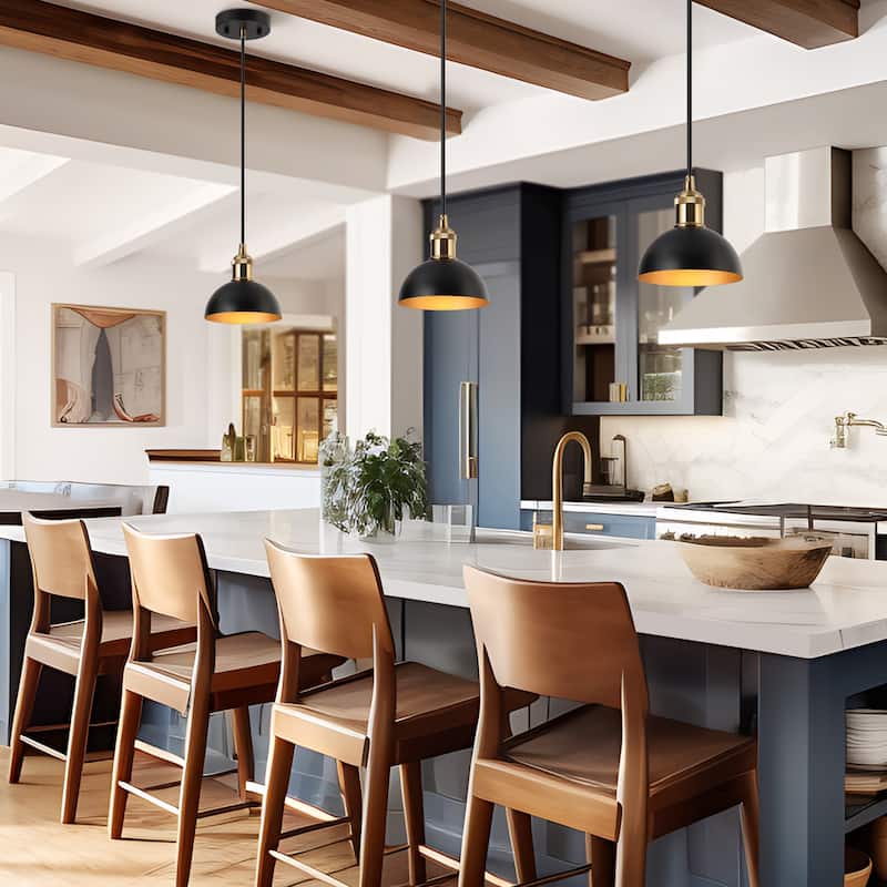 Modern Industrial 1-Light (6 Inch) Dome Black Gold Metal Pendant Light for Kitchen Island - 6" D x 6'' H