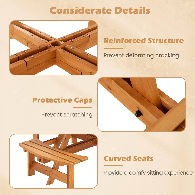 Costway 8-Person Round Picnic Table Set with 4 Built-in Benches 2" - See Details
