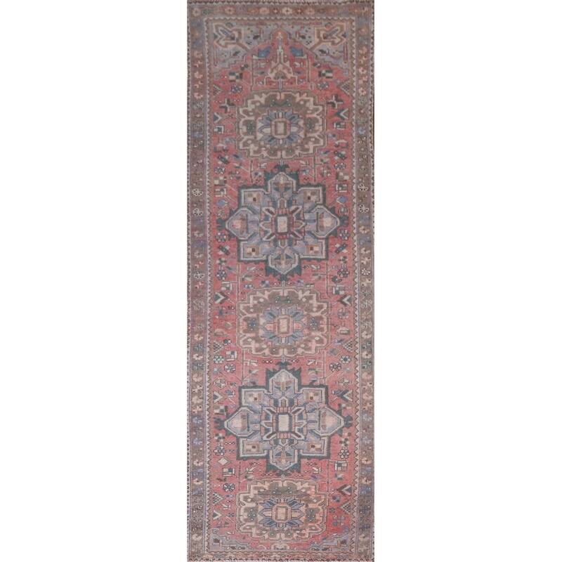 Hand Knotted Oriental 100% Wool Carpet Traditional Geometric Pink Hamedan Runner Rug - 10' 10'' X 3' 2''