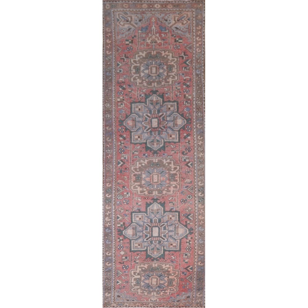 Hand Knotted Oriental 100% Wool Carpet Traditional Geometric Pink Hamedan Runner Rug - 10' 10'' X 3' 2''
