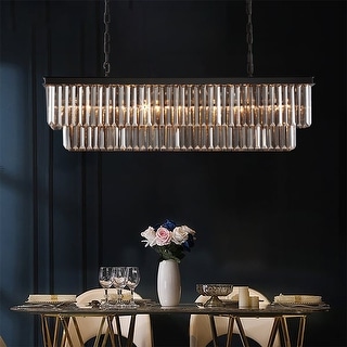Smoked Gray and Black Modern Contemporary Crystal Chandelier 2-Tier Linear Kitchen Island Pendant Light for Dining Room
