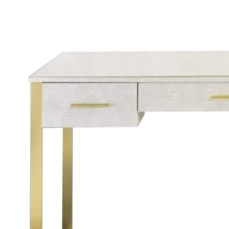 San 50 Inch Textured Vanity Desk with Round Mirror, Gold Sled Base, White