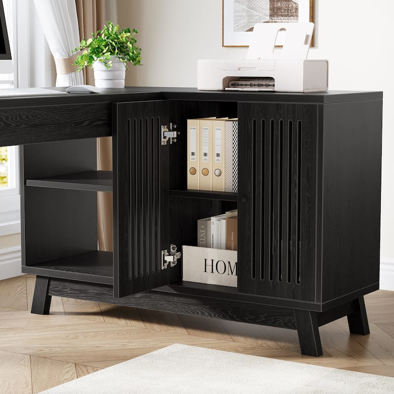 L-Shaped Desk with Storage Cabinet, 57-Inch Wood Corner Workstation