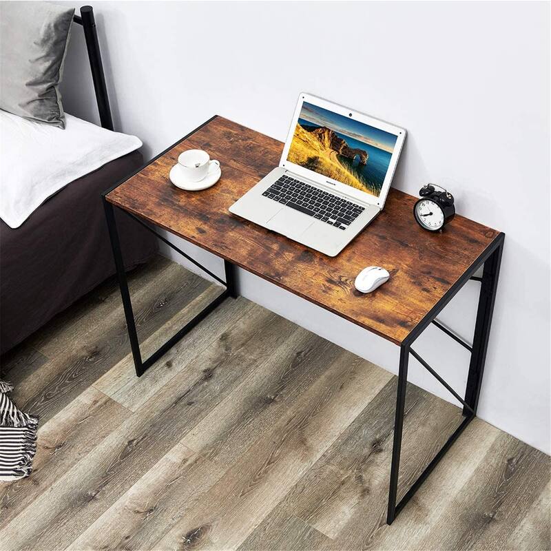 Homy Casa Modern Folding Desk with Black Metal Frame and Wood Top - Brown