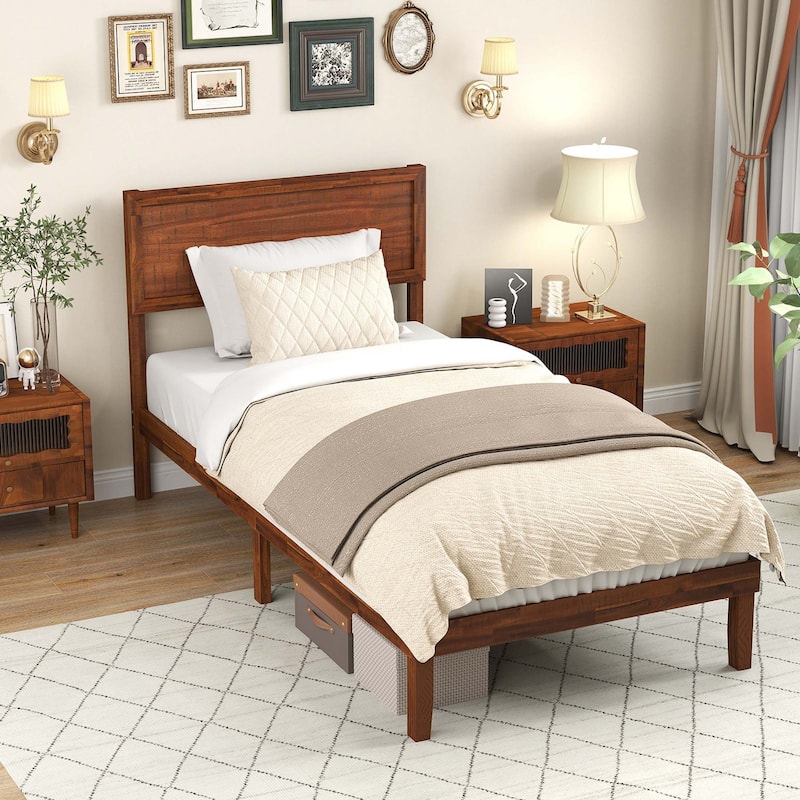Gymax Twin/Full/Queen Bed Frame w/ Rustic Headboard Under-bed Storage - Twin