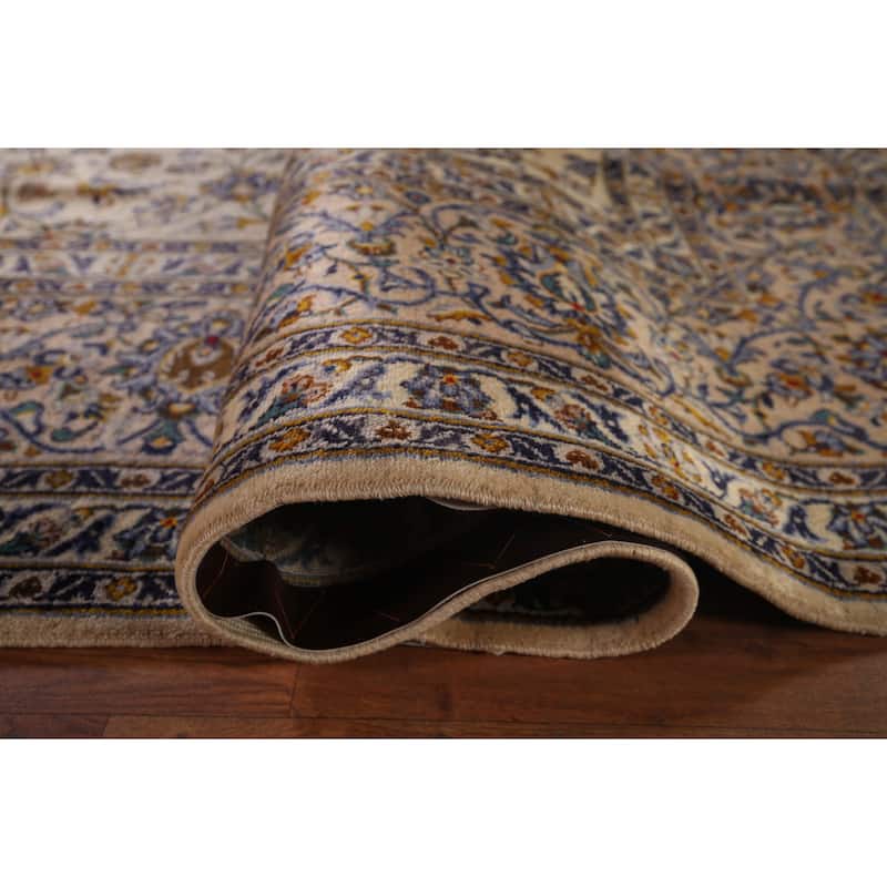 Ivory Floral Kashan Persian Vintage Area Rug Handmade Wool Carpet - 9'10"x 13'2"