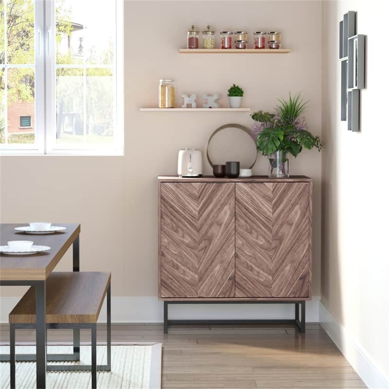 Walnut Vintage Style Storage Cabinet with Adjustable Shelf Two Door Wooden MDF Steel Base for Living Room