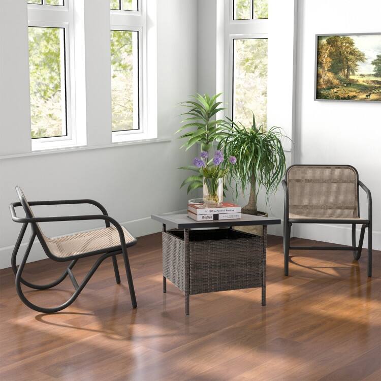 Patio Square Wicker Side Table with Umbrella Hole for Yard Garden Poolside - 22"x 22"x 18.5”(L x W x H)