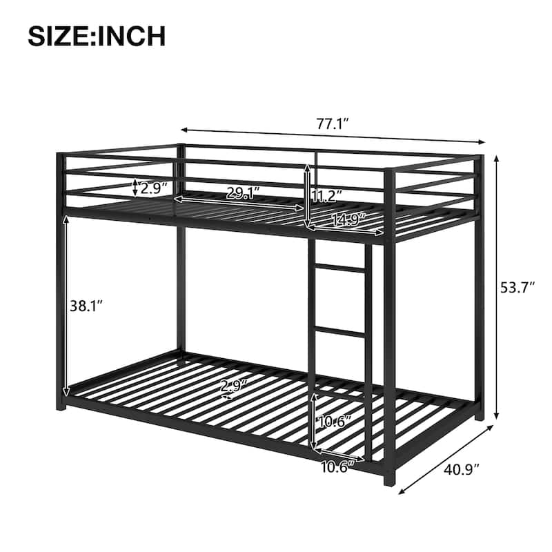 Modern Full Size Low Bunk Bed, Sturdy Metal Frame with Ladder - Silver