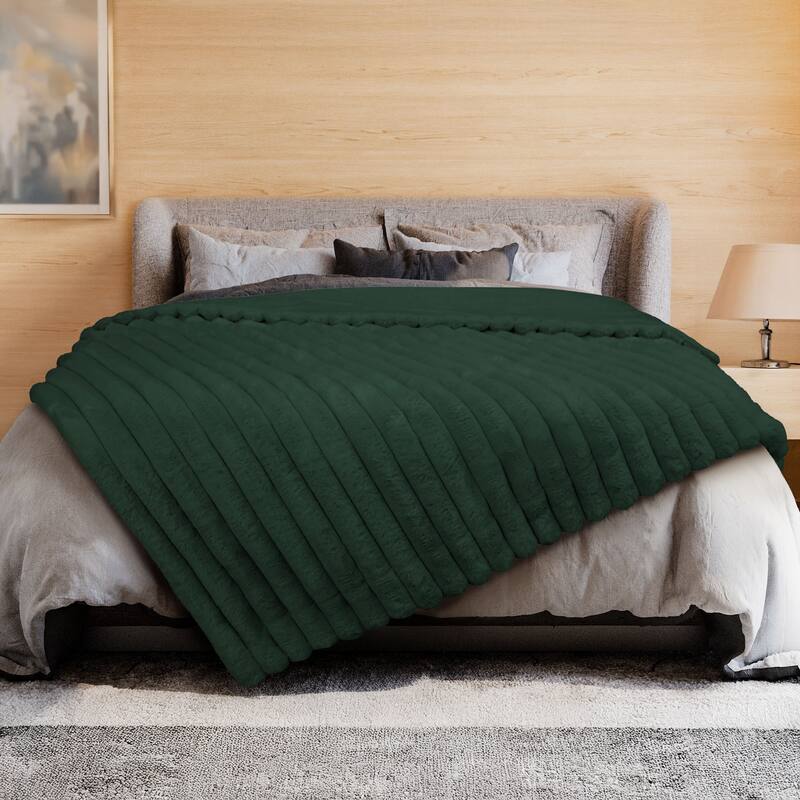 Luxury Reversible Textured Stripe Faux Fur & Velvet Throw - Deep Forest Green - 50 x 70 in