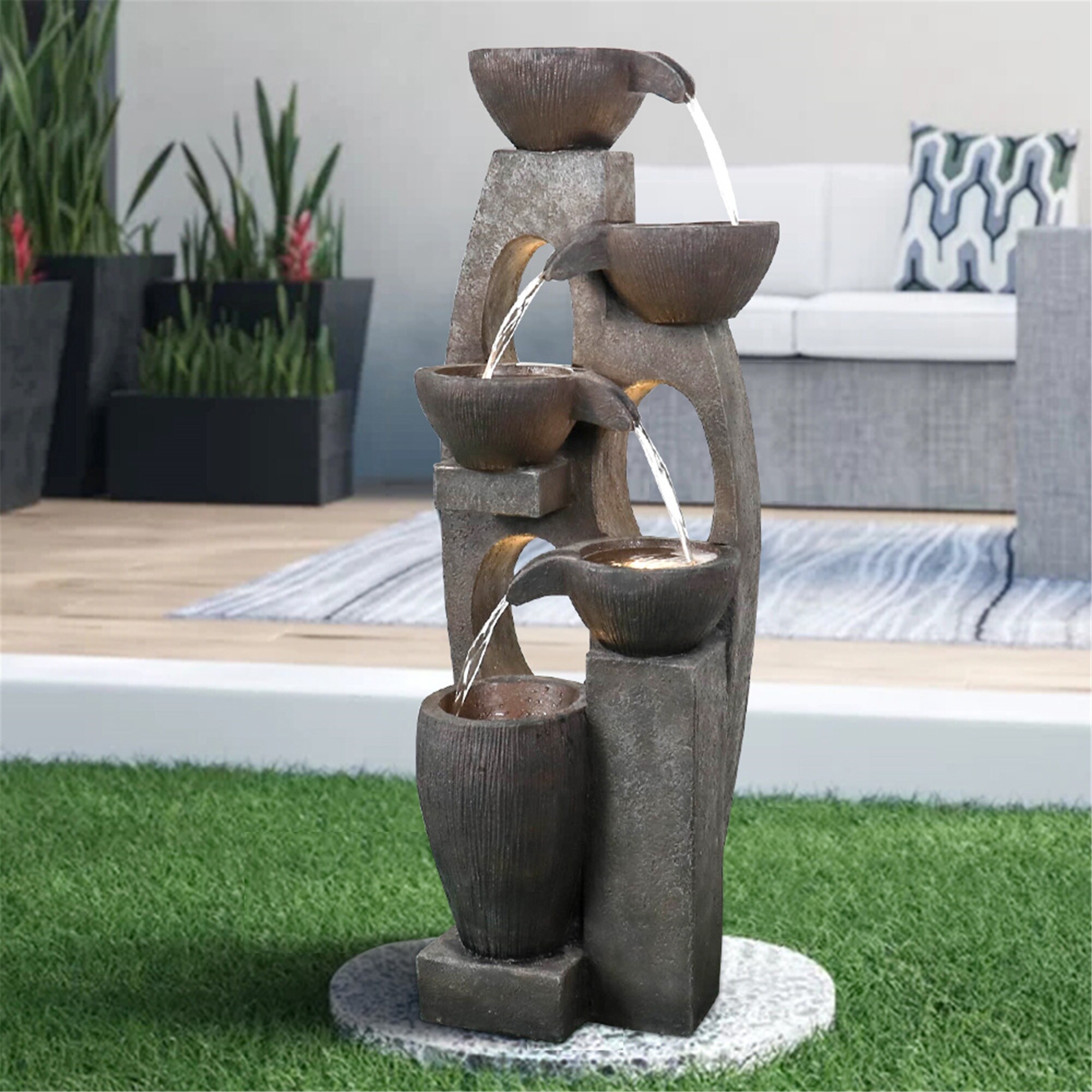 Cascading Zen Outdoor Water Fountain with 7 LED Lights - Bed Bath
