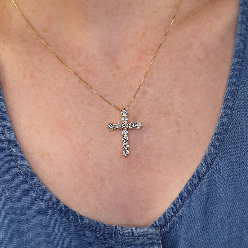 Auriya 14k Gold Round Diamond Cross Necklace 2CTW (H-I, I1-I2)