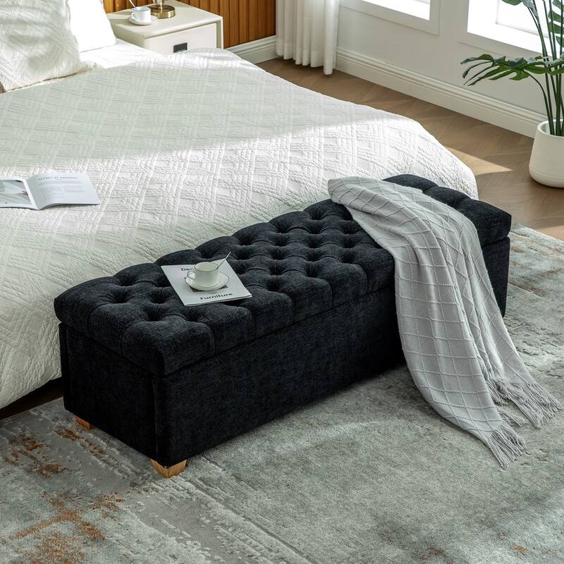 60.2" Chenille Upholstered Storage Bench with Flip-Top & Soft-Close Hinges - Black