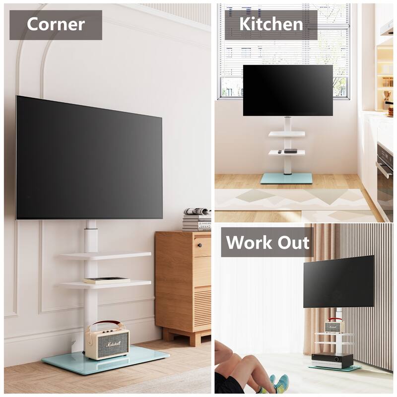 FITUEYES Tempered Glass Base Floor TV Stand for 32-65 inch TVs with Two Shelves