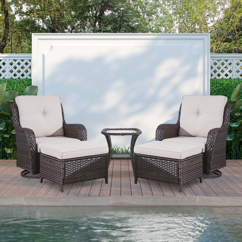 Gymojoy 5-piece Outdoor Wicker Swivel Rocking Chair Table with Ottoman