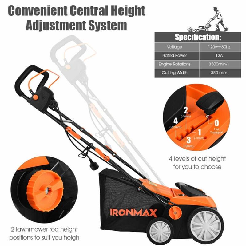 Corded Electric Scarifier Lawn Dethatcher 15-Inch Cutting Width 4-Height Adjustable 50L Grass Collector 13 Amp Motor Orange