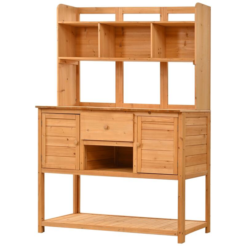Solid Fir Wood Potting Bench Garden Workstation with Hutch, Drawer & Adjustable Shelves, Outdoor Garden Work Table
