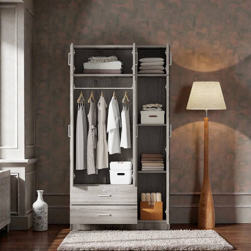 3 Door Wardrobe with Mirror, Top Cabinet and 2 Drawers, Freestanding Bedroom Armoire Closet Storage
