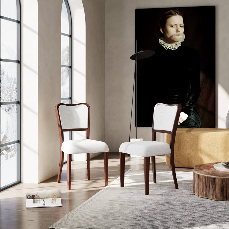 Modern Upholstered Dining Chairs Fabric Side Chair with Walnut Finish Curved Back and Hardwood Frame, for Dining Rooms, Set of 2 - Beige