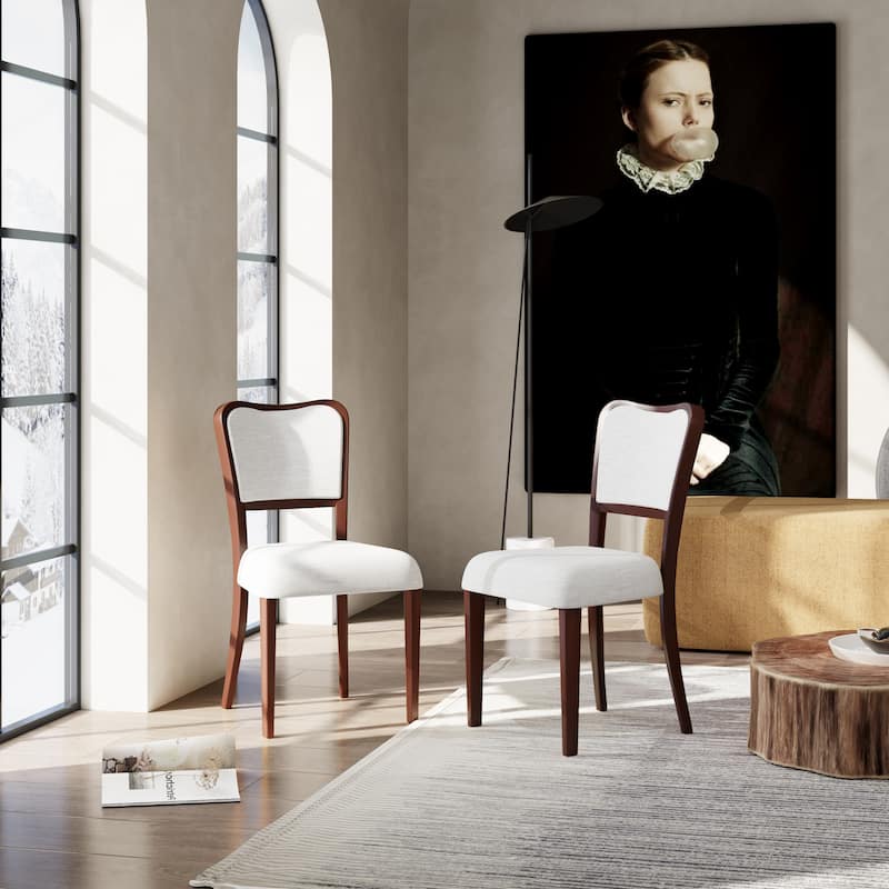Upholstered Dining Chairs Set of 2 - Traditional Elegant Fabric Side Chairs with Curved Lines, Solid Hardwood Frame - Beige+Walnut