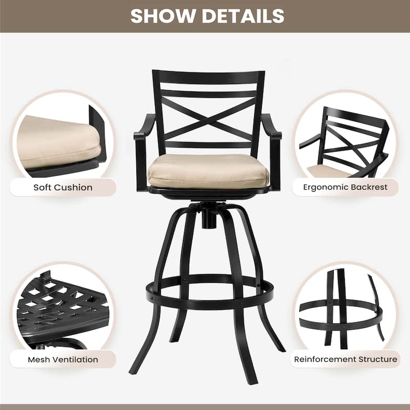 Pellebant Patio Outdoor Aluminum Swivel Bar Stools with Sunbrella Cushion - 21.7 in W x 16.5 in D x 46 in H