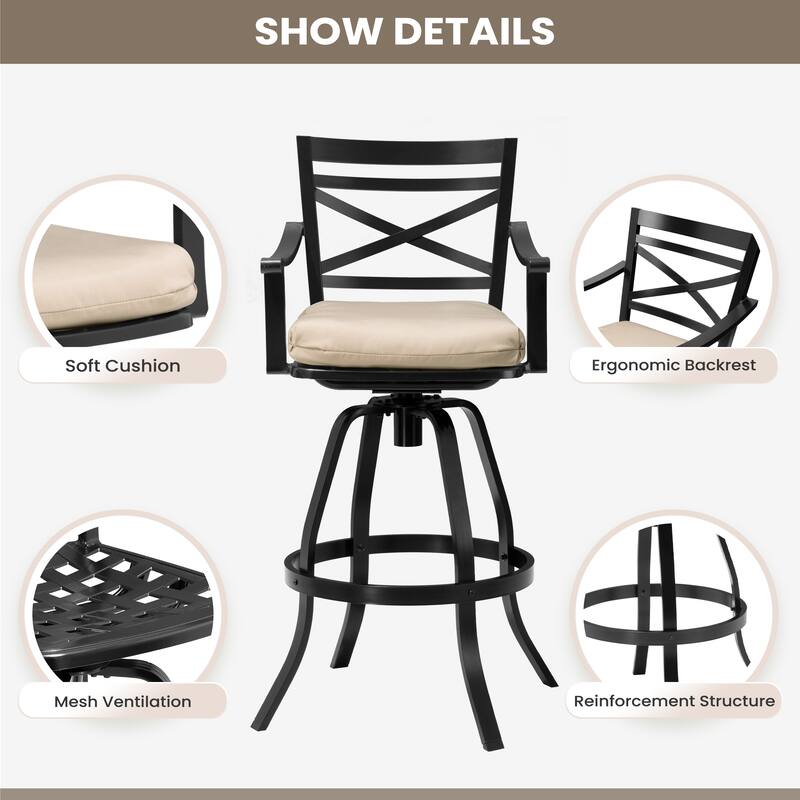 Pellebant Patio Outdoor Indoor Aluminum Swivel Bar Stools Dining Chairs with Sunbrella Cushion