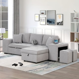 L-Shape Linen Upholstered Sectional Couch with Storage Chaise - Bed ...