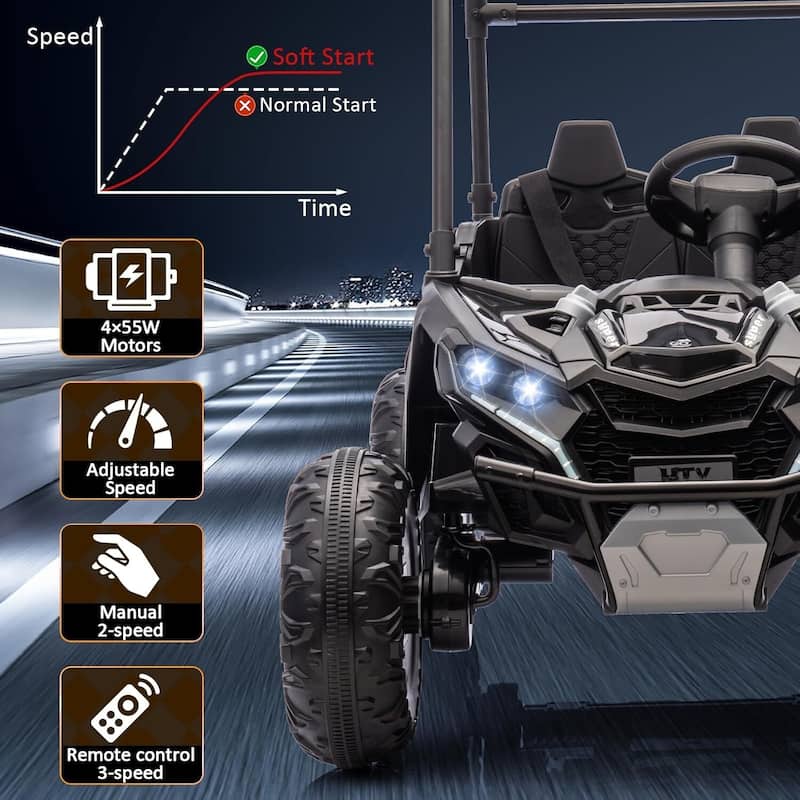 2 Seater Kids Ride on Car Off-Road UTV Toy with Sun Shade, Black