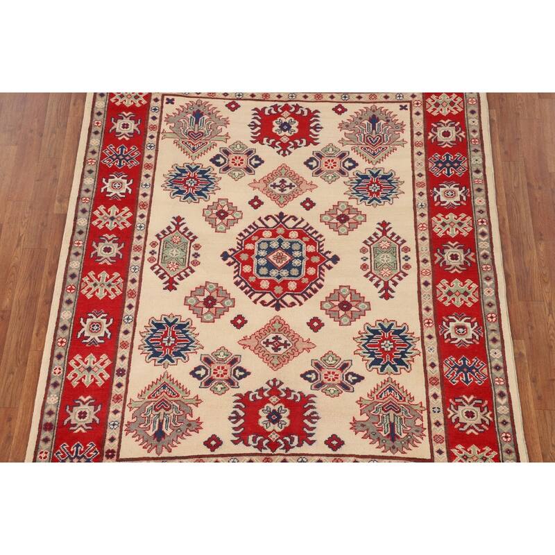 Geometric Kazak Area Rug Hand-Knotted Beige Wool Carpet - 5'2" x 6'6"