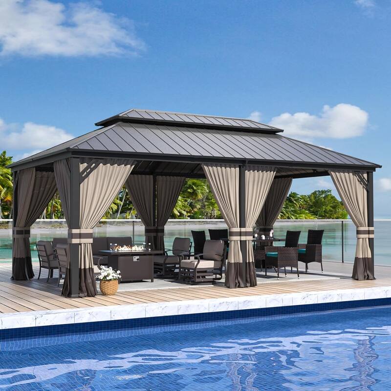 Kullavik Hardtop Gazebo w/ Galvanized Steel Roof & Aluminum Frame, New Outdoor Canopy w/ Mosquito Net & Curtain, Patio Pergola