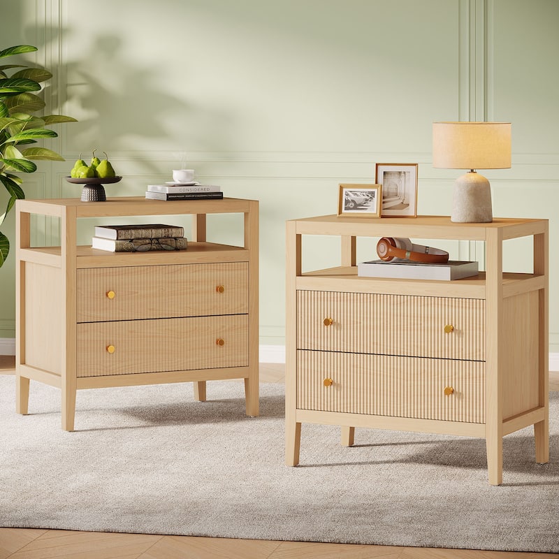 Nightstand with Drawer, Bedside Table with Open Storage Shelf, Living Room Bedroom Accent Side Table